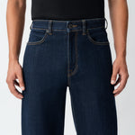 Detail of waistband and pocket construction on the Wide Flextech™ Jeans in dark blue
