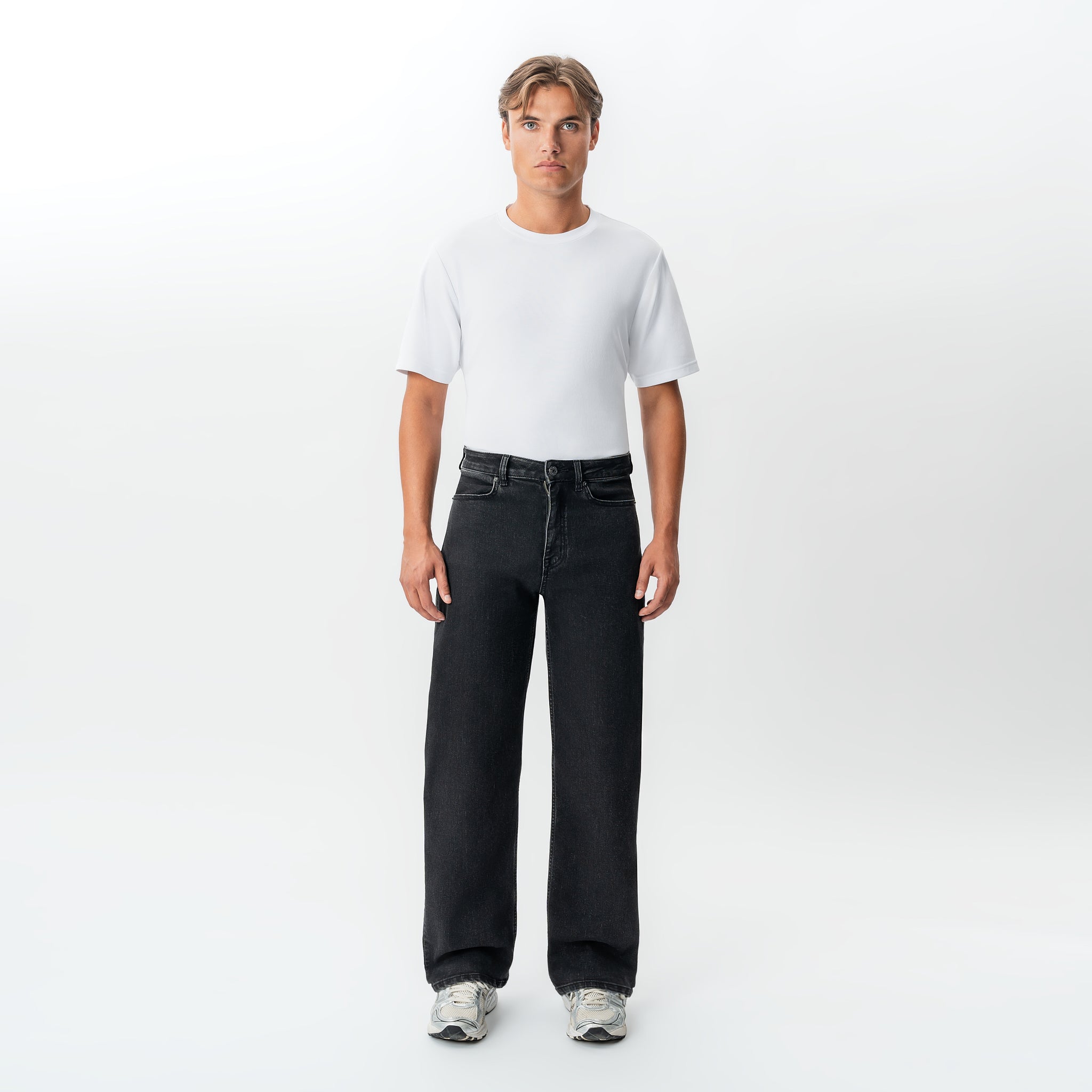 Alternate full-body front view of the Wide Flextech™ Jeans in faded black