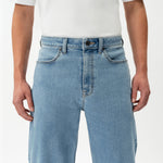 Detail of waistband and pocket construction on the Wide Flextech™ Jeans in light blue