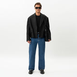 Styled full-body front view of the Wide Flextech™ Jeans in mid blue