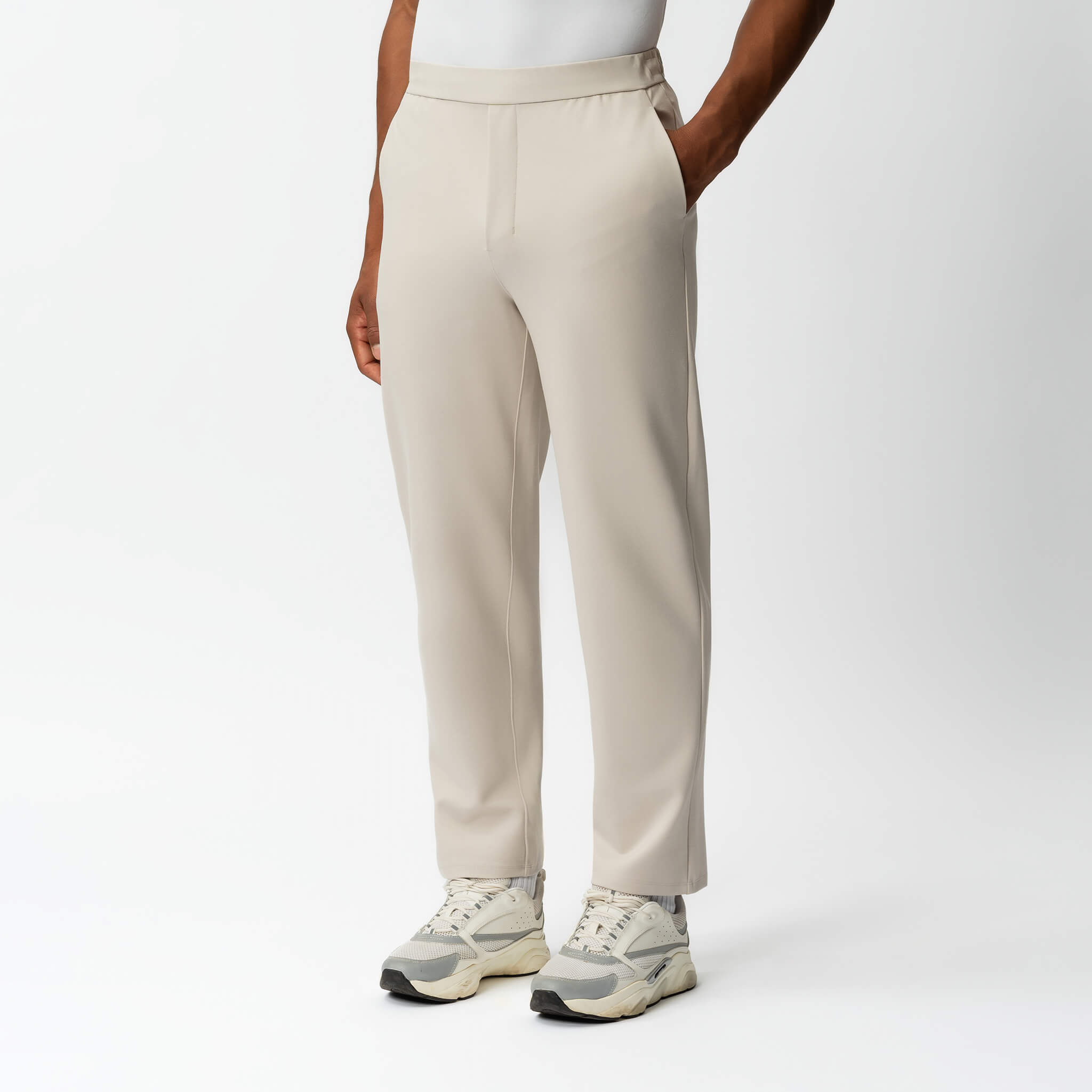 Angled front view of the Socrates Classic straight-leg pant in beige
