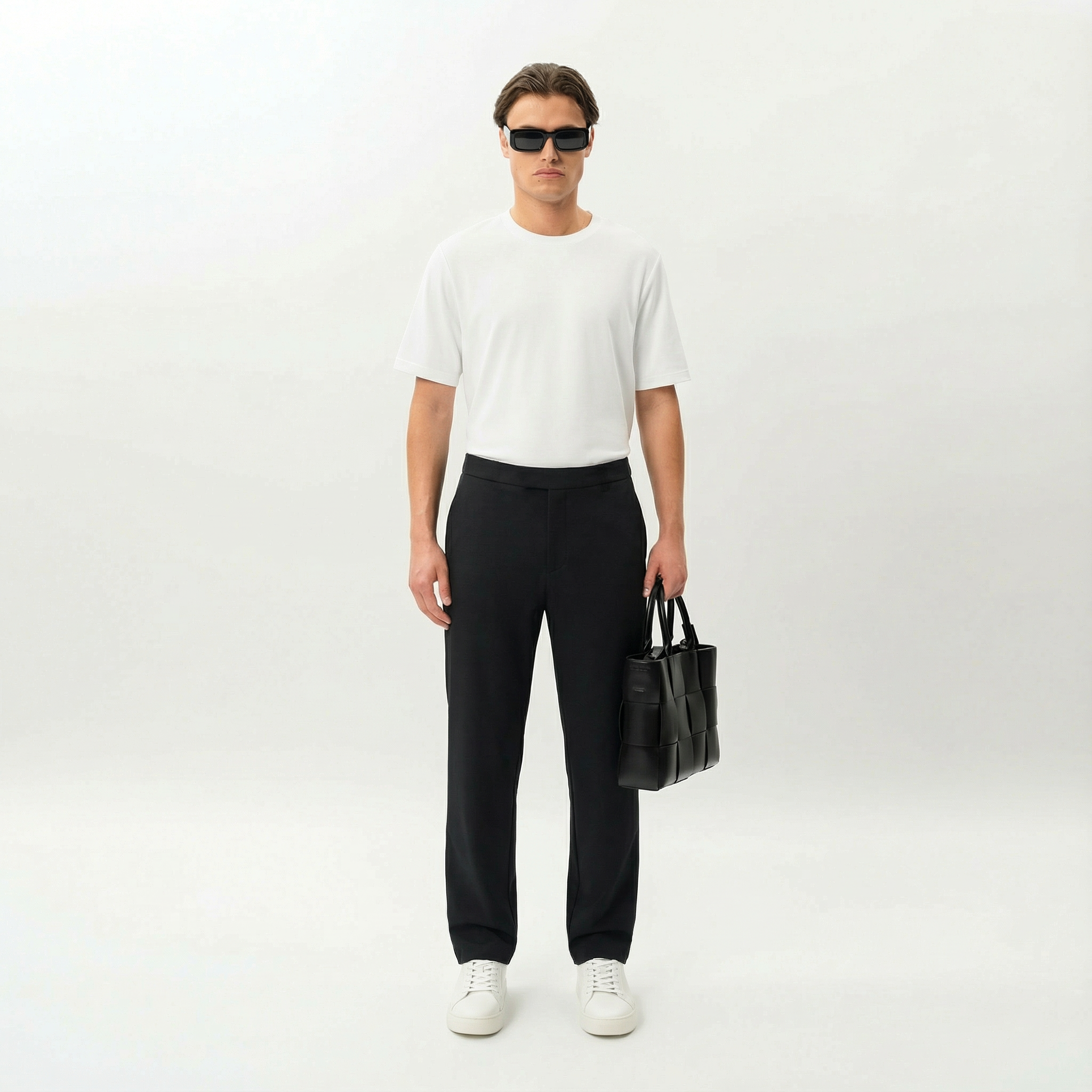 Styled look featuring the black Socrates Classic straight-leg pant worn as an everyday outfit
