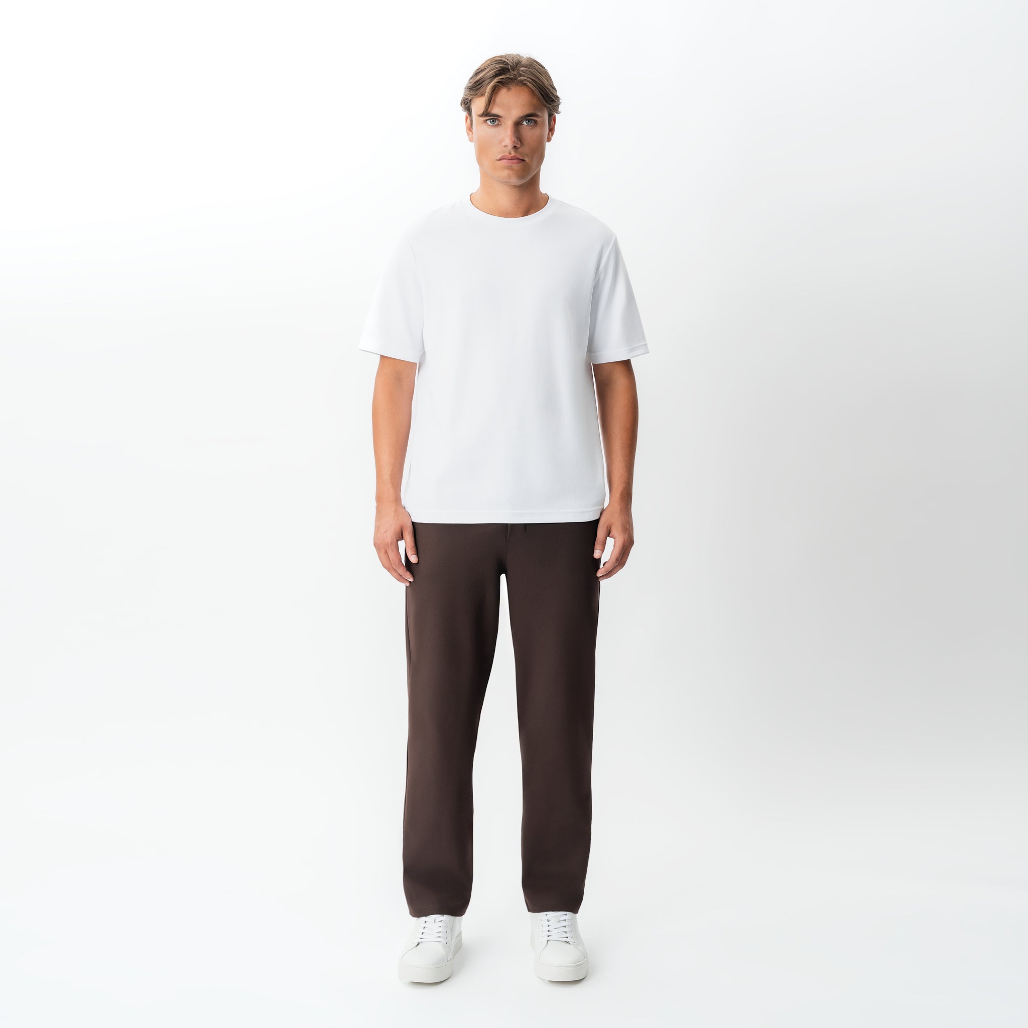 Full-body front view of the Socrates Classic straight-leg pant in brown
