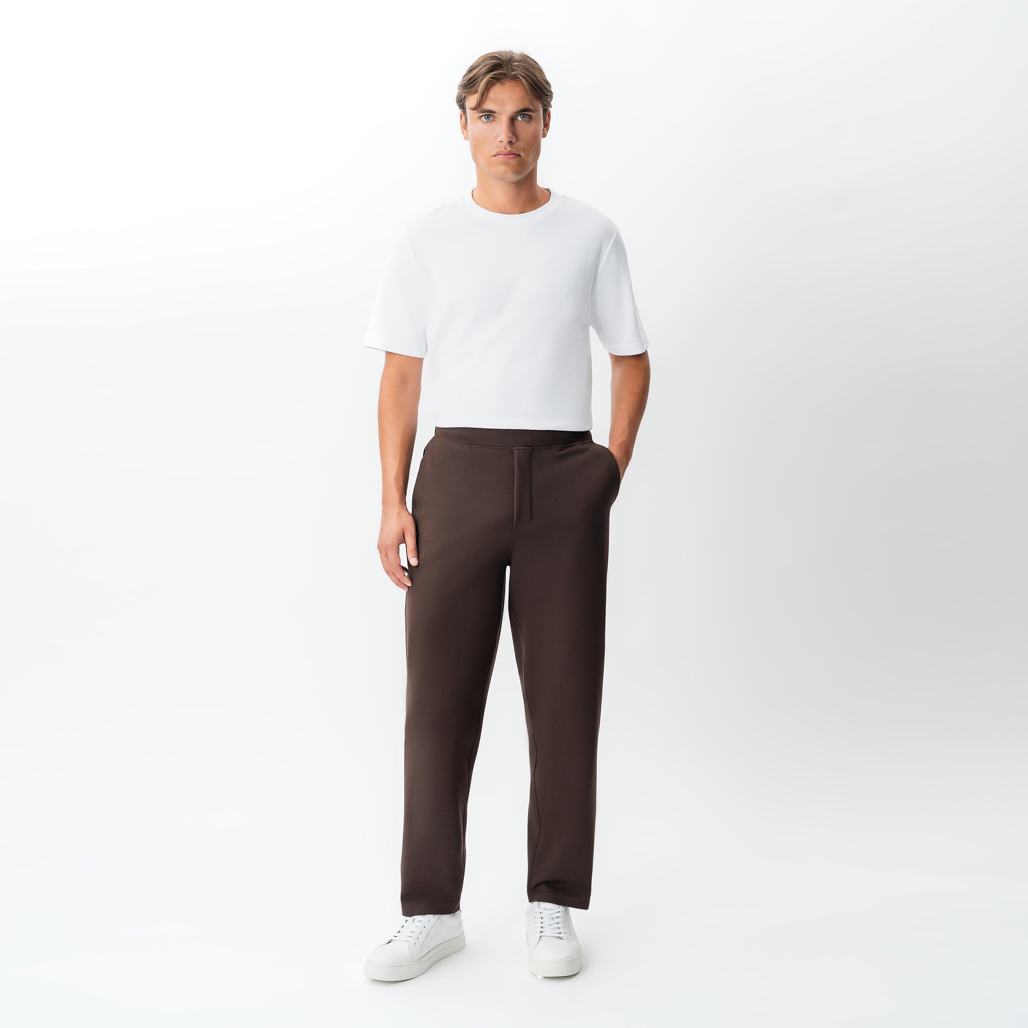 Front view of the Socrates Classic straight-leg pant in brown with relaxed stance
