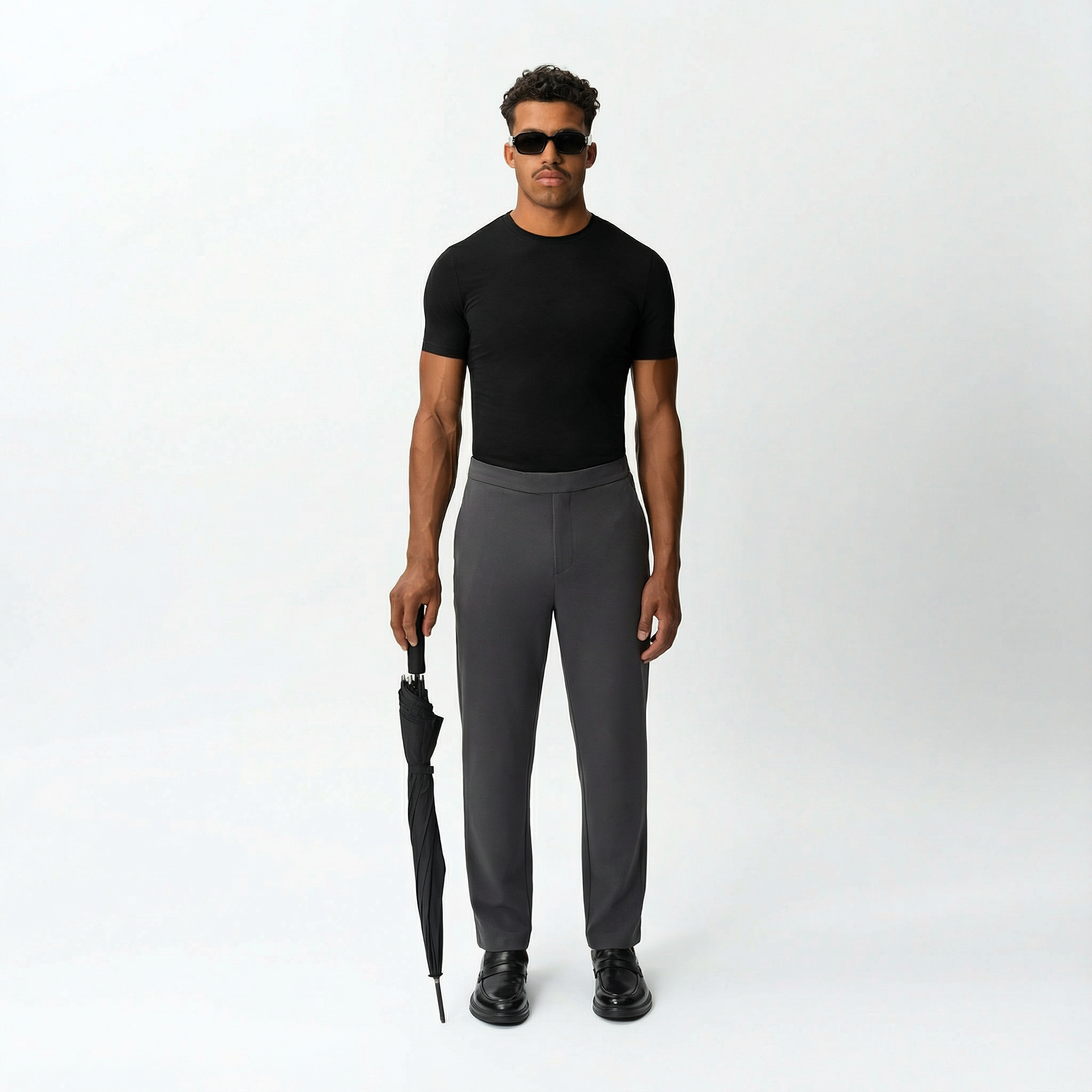Styled look featuring the grey Socrates Classic straight-leg pant worn as an everyday outfit
