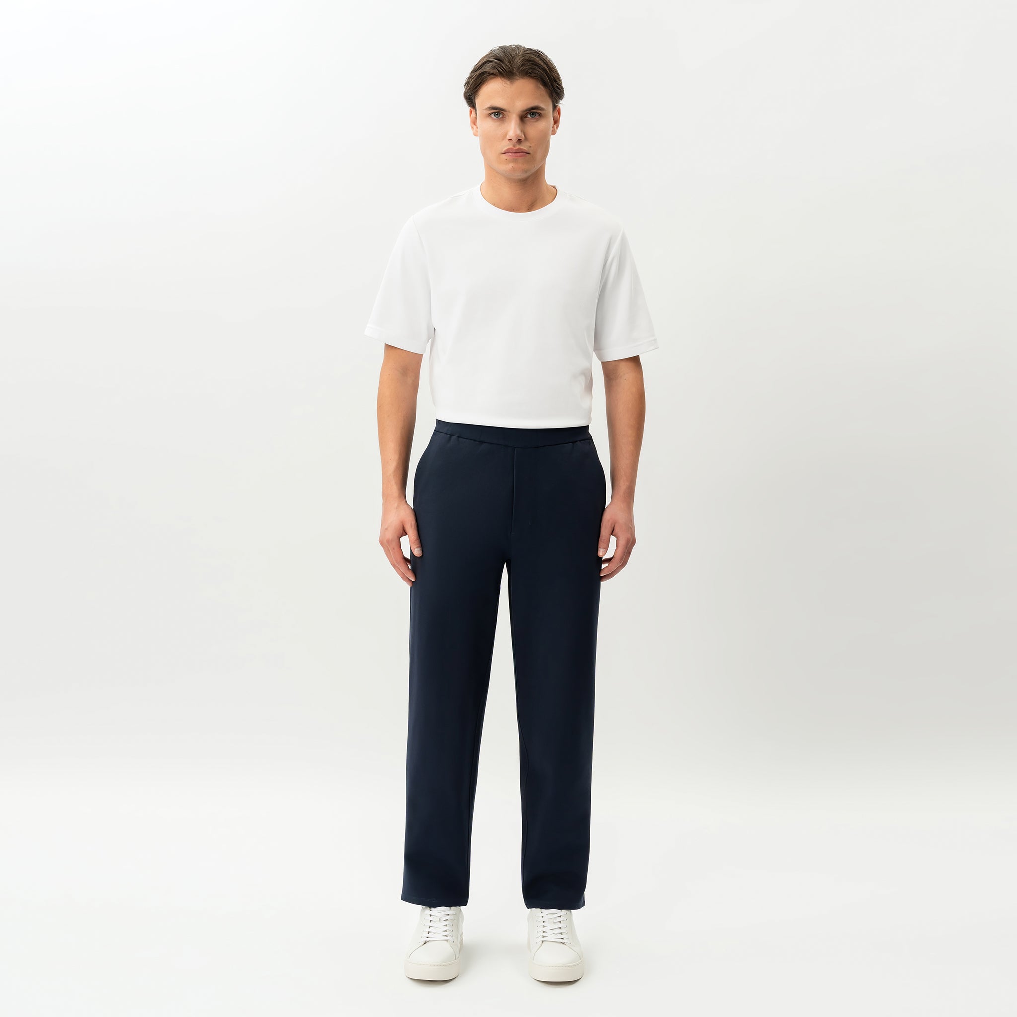 Full-body front view of the Socrates Classic straight-leg pant in navy
