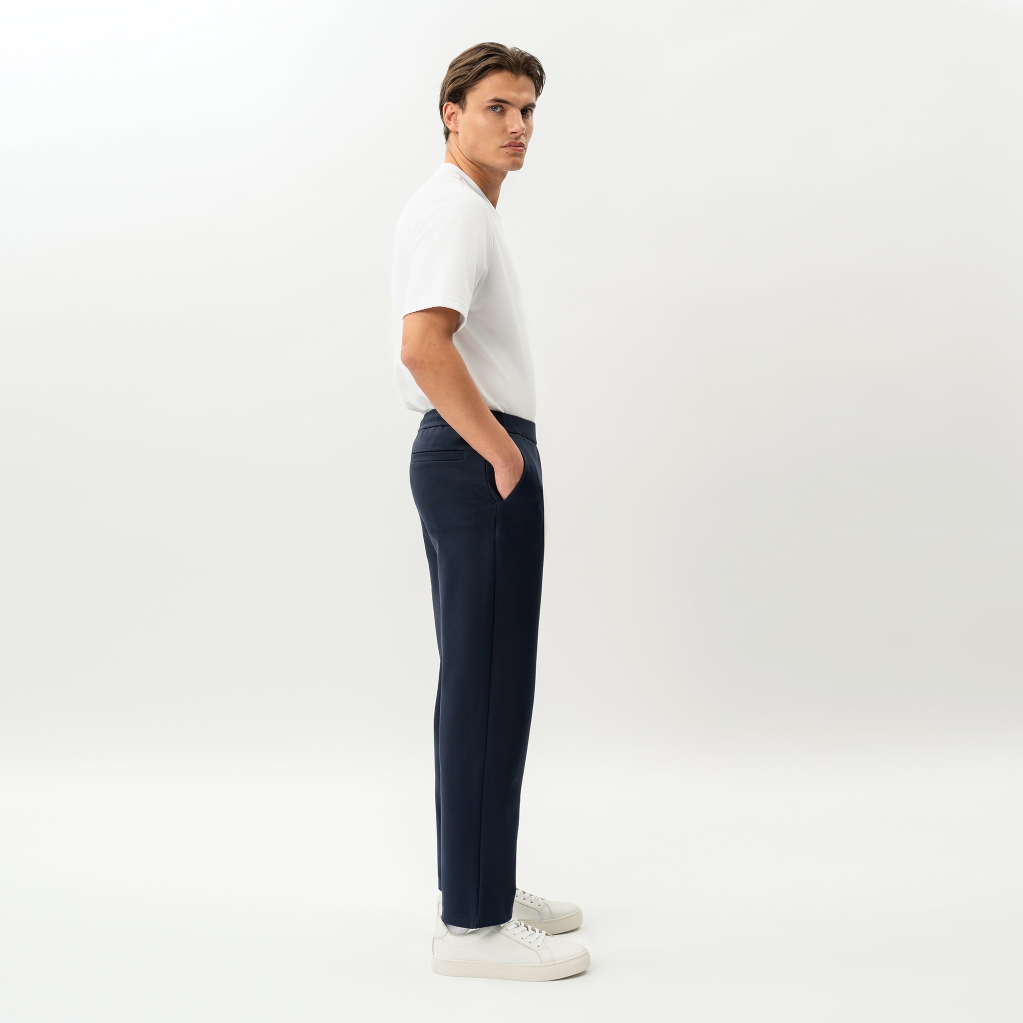 Side view of the Socrates Classic straight-leg pant in navy
