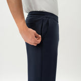 Detail of waistband and pocket construction on the navy Socrates Classic pant
