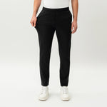 Full-body view showing the stretch of the black Socrates Slim Pant fabric
