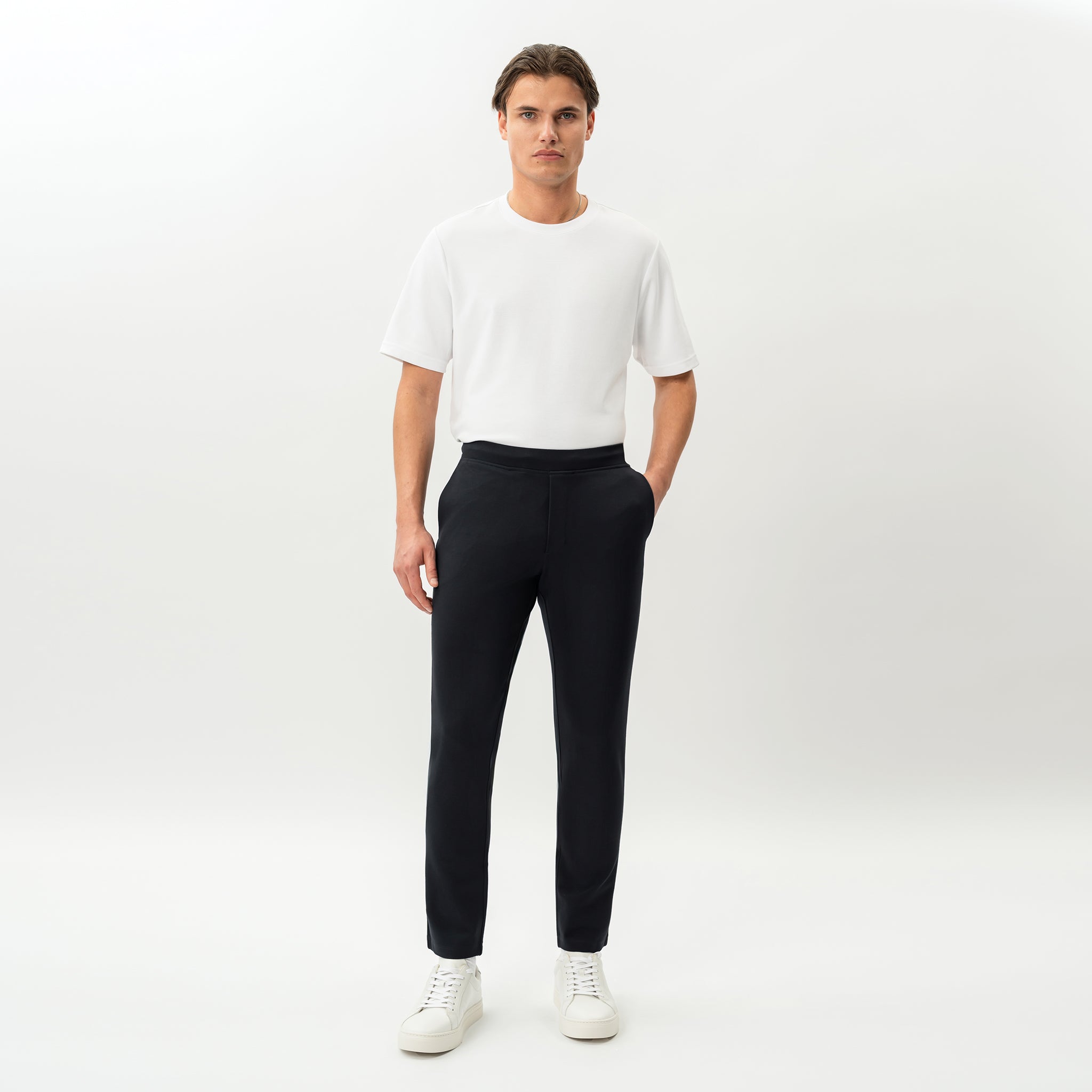 Alternate styled look featuring the black Socrates Slim Pant
