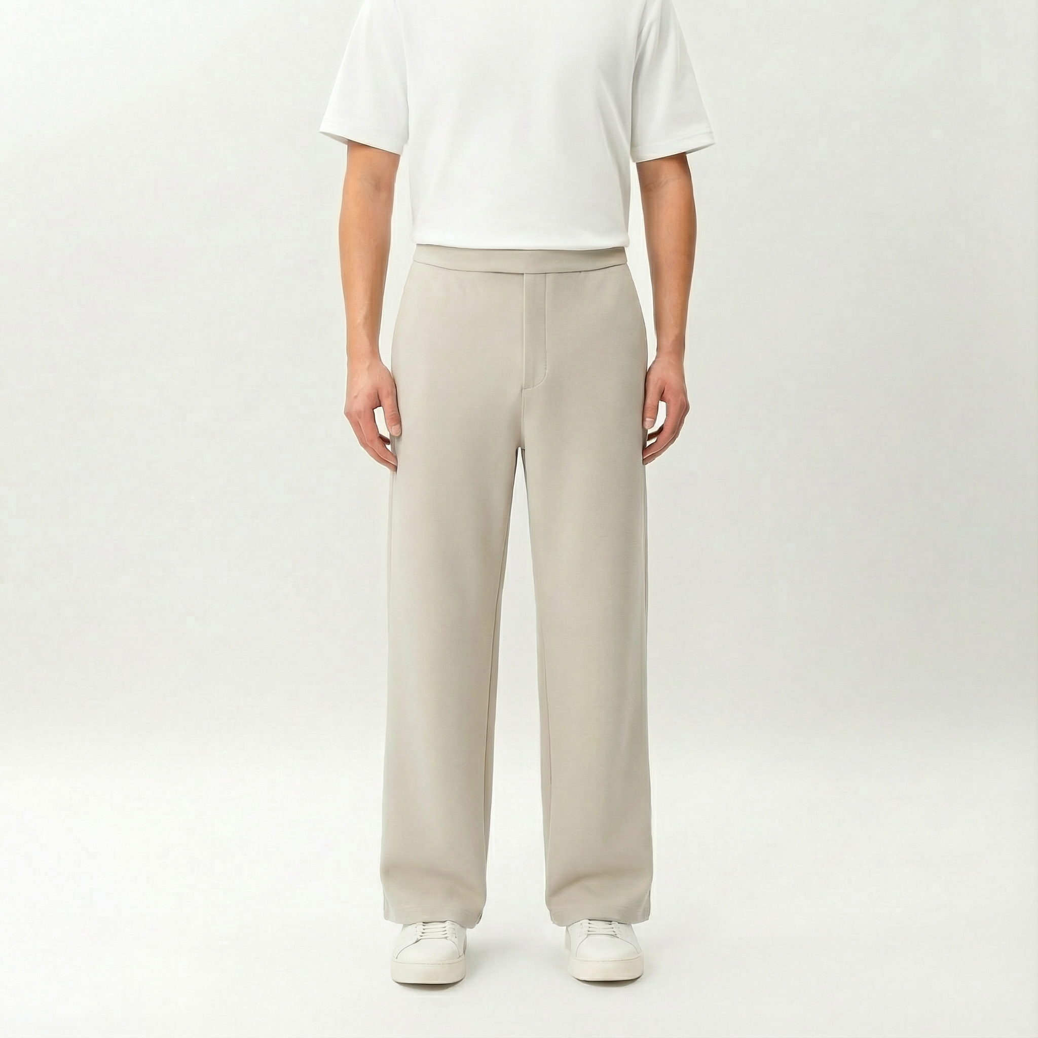 Beige Socrates wide-leg pant by Nothing’s Something with relaxed fit and clean waistband
