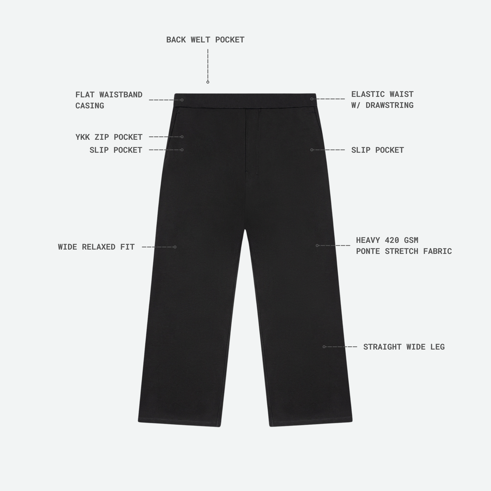 Technical flat view of the Socrates wide-leg pant in black