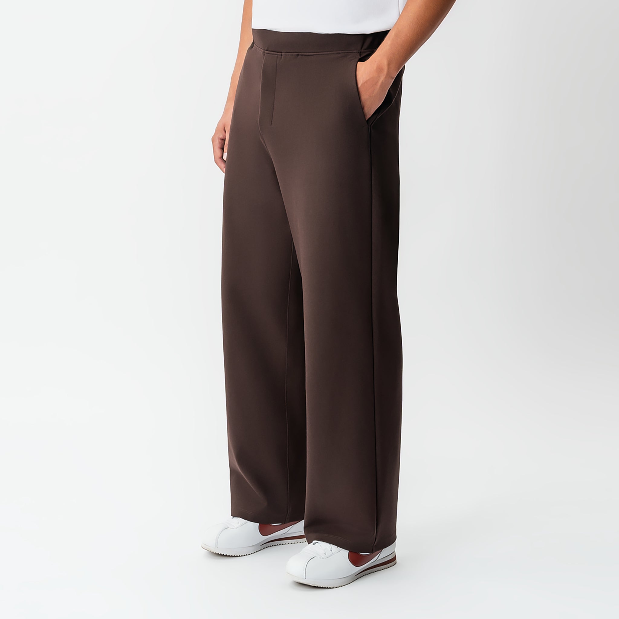 Angled front view of the Socrates wide-leg pant in brown