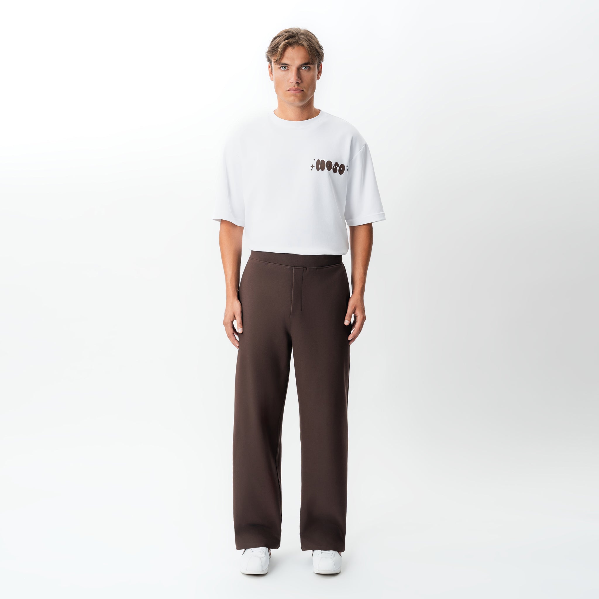 Full-body front view of the Socrates wide-leg pant in brown