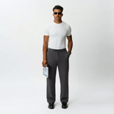Styled look featuring the grey Socrates wide-leg pant worn as an everyday outfit