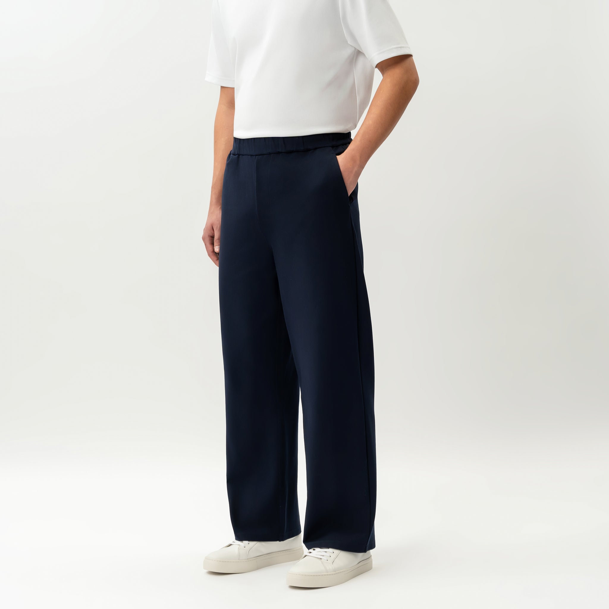 Angled front view of the Socrates wide-leg pant in navy