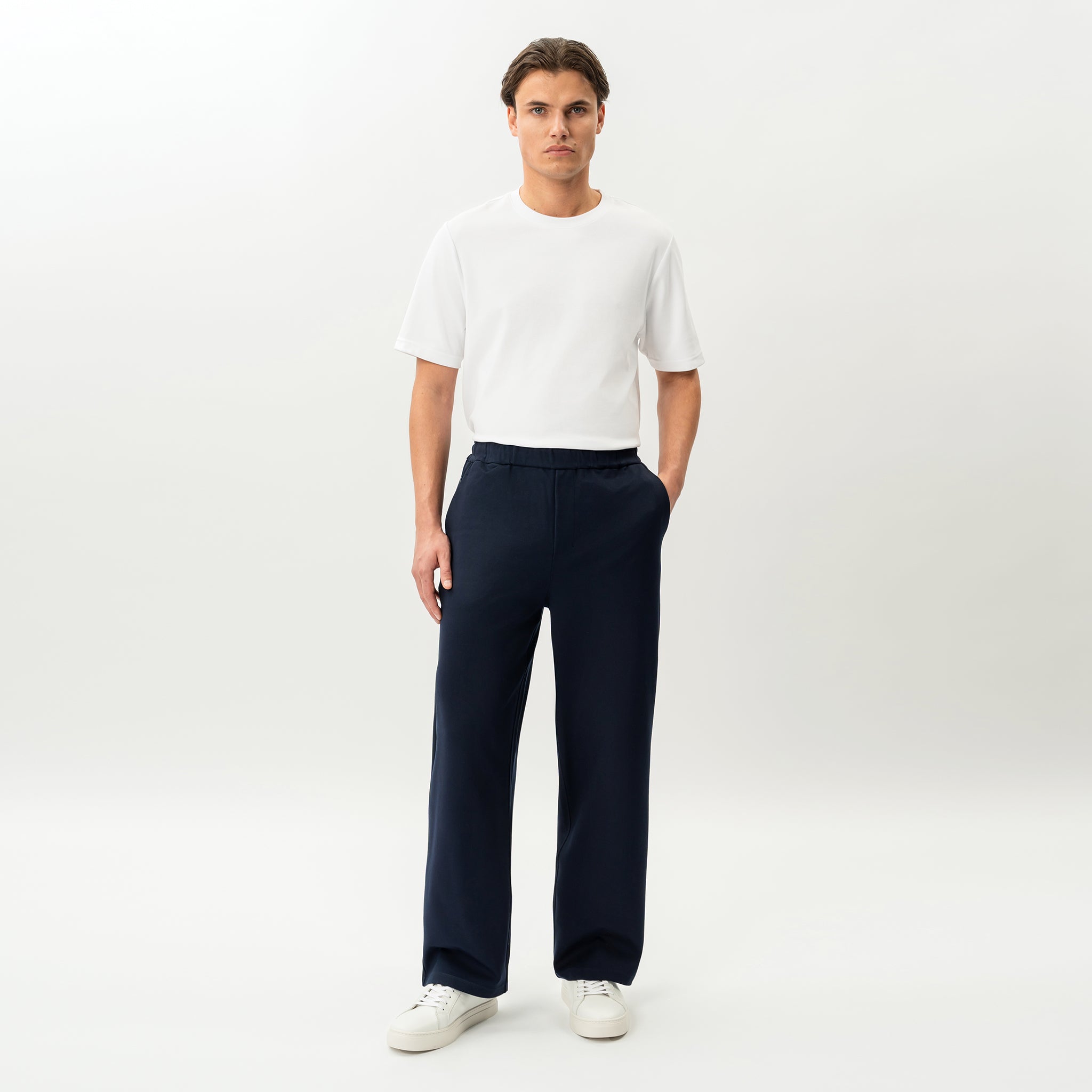 Full-body front view of the Socrates wide-leg pant in navy