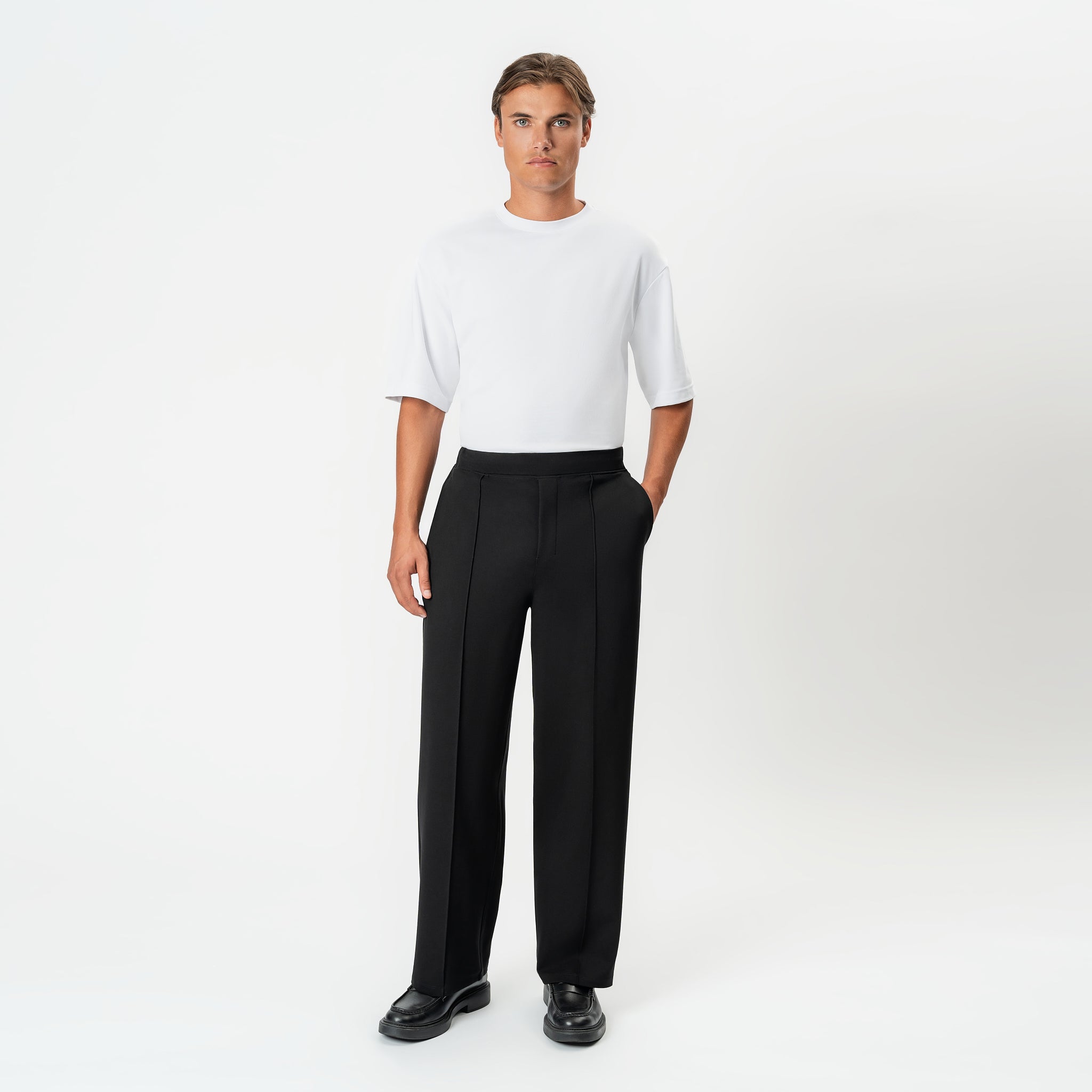 Alternate full-body front view of the black Socrates wide-leg pleated pant