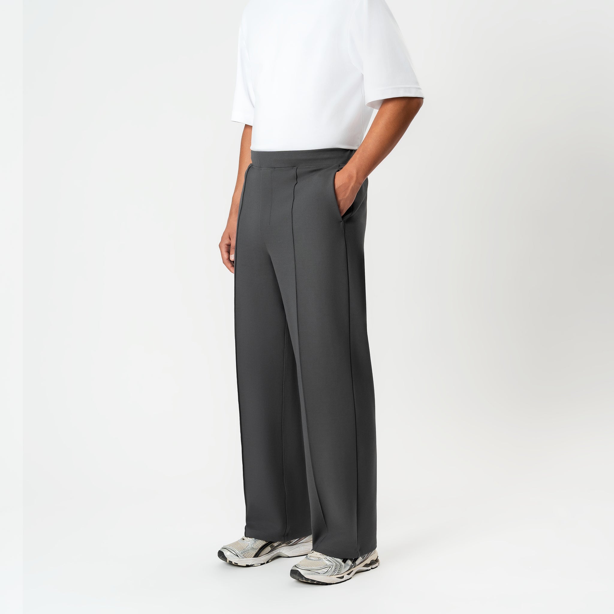 Angled front view of the grey Socrates wide-leg pleated pant

