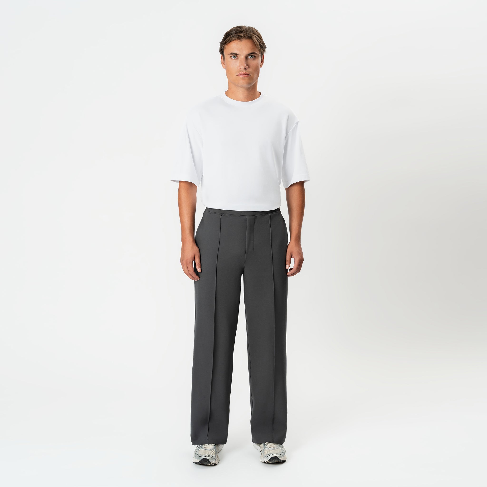 Full-body front view of the grey Socrates wide-leg pleated pant
